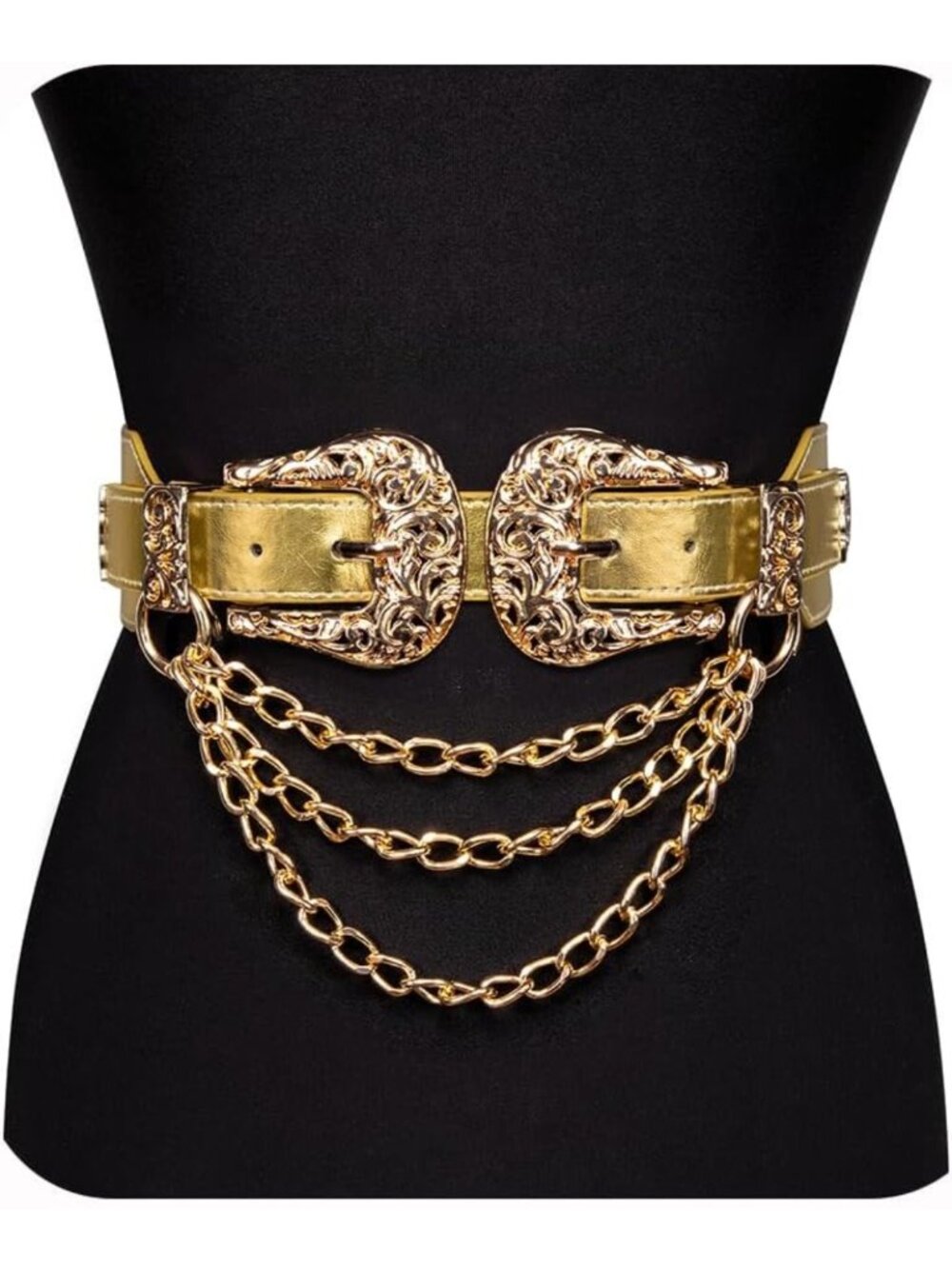 Vintage Western Leather Belt with Chain, Adjustable Double Buckle for Dresses